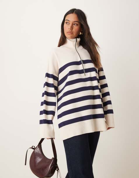 Free People stripe half-zip sweater in navy and white - view 1