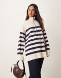 [Free People] Free People stripe half-zip sweater in navy and white-Multi XL Navy/White Stripe