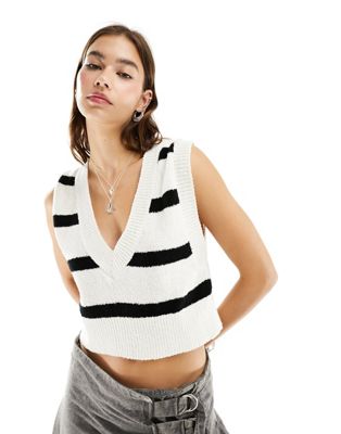 Free People striped crop v-neck knitted vest in black and cream