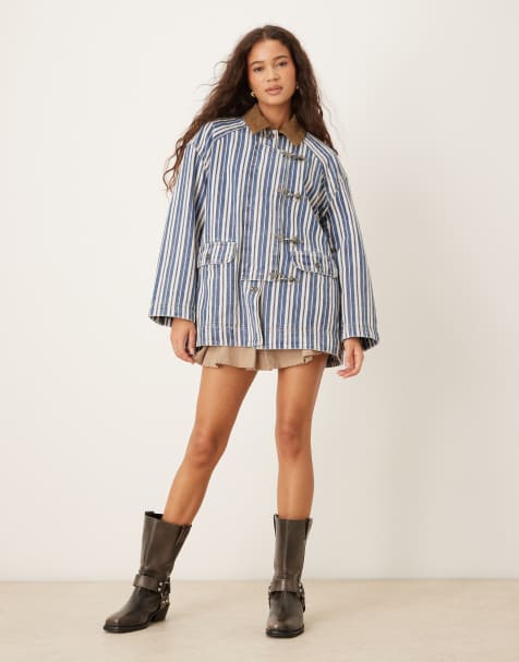 Free People striped denim barn jacket in blue - view 1