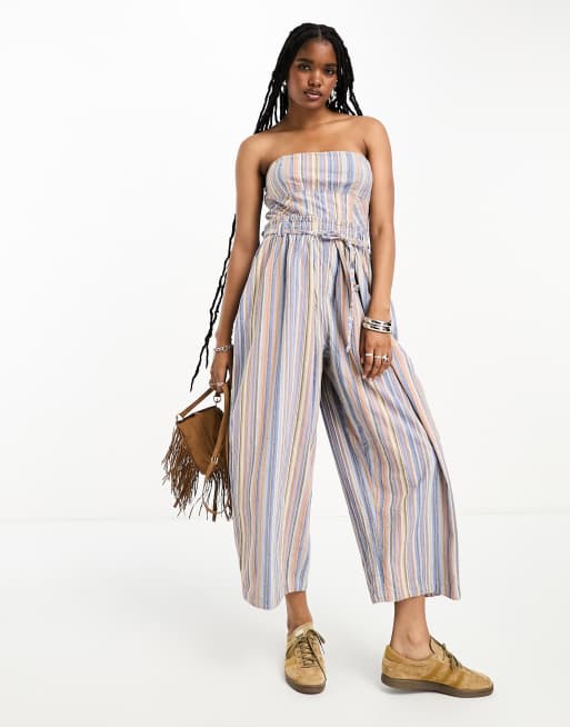 Multi Striped Button-Front Linen Cotton Jumpsuit