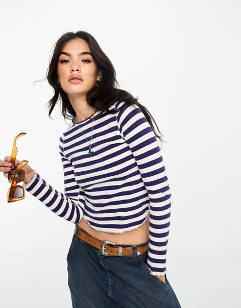 Hollister scoop neck long sleeve top in olive and white stripe