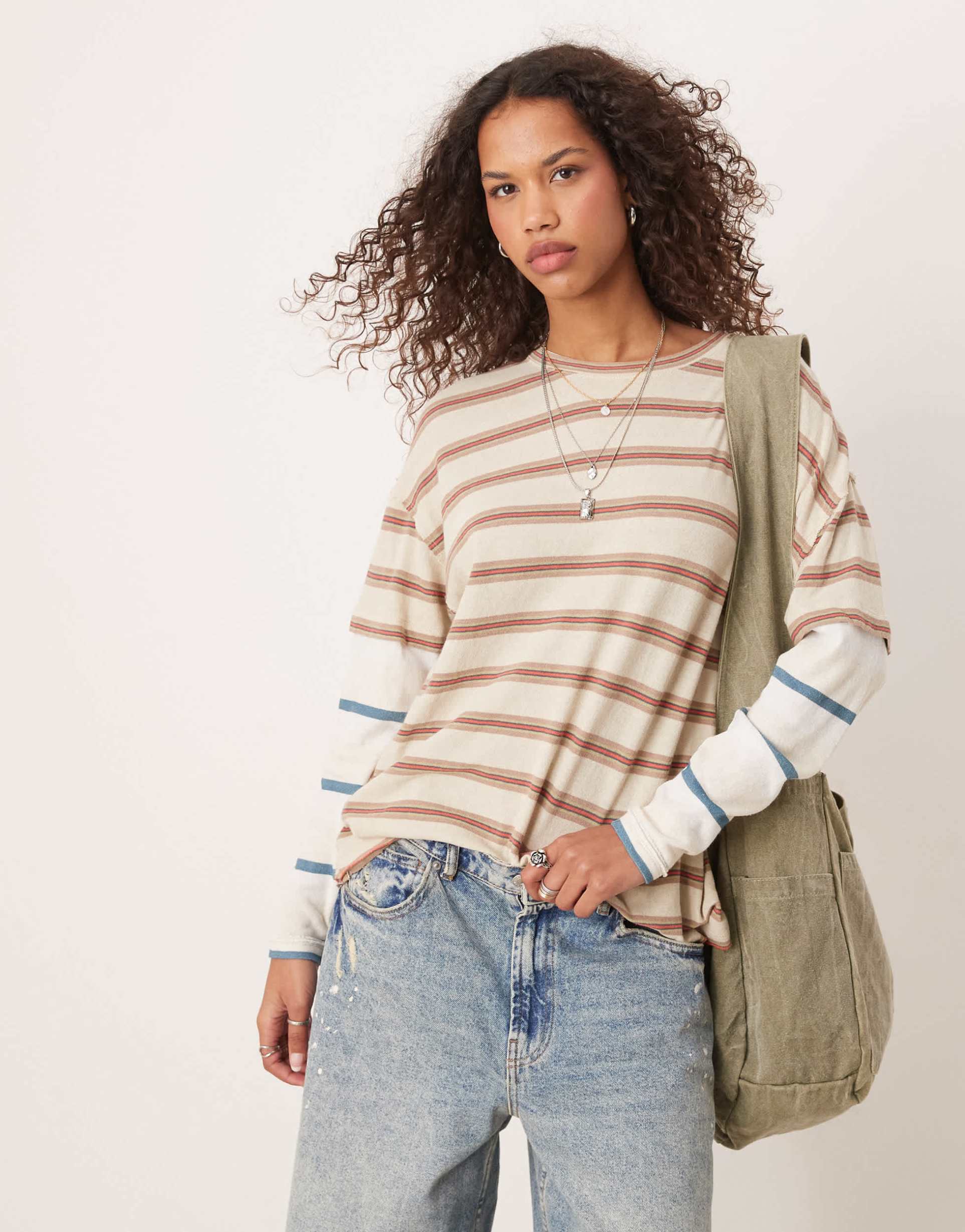 free people striped oversized long sleeve t-shirt in neutral