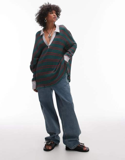 Free People striped polo rugby sweater in dark green
