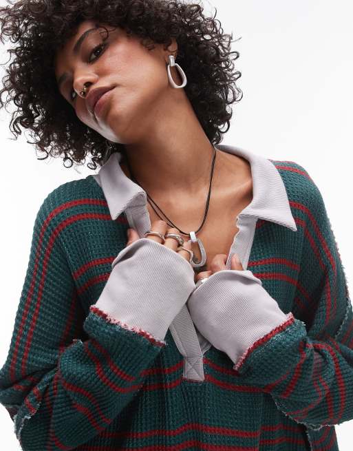 Free People striped polo rugby sweater in green green, 3 of 4