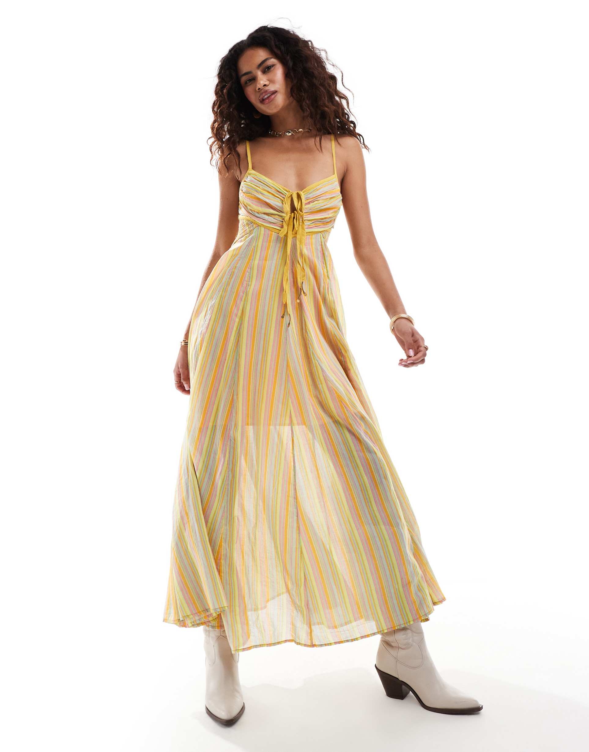 free people striped poplin cami maxi dress in yellow multi