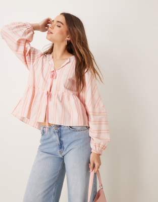 Free People striped tie-front blouse in baby pink