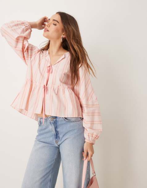 Free People striped tie-front blouse in baby pink - view 1