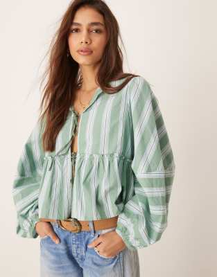 Free People Free People striped tie-front blouse in green