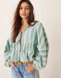 [Free People] Free People striped tie front blouse in green XL White spruce