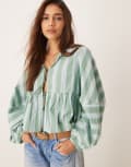 [Free People] Free People striped tie front blouse in green L White spruce