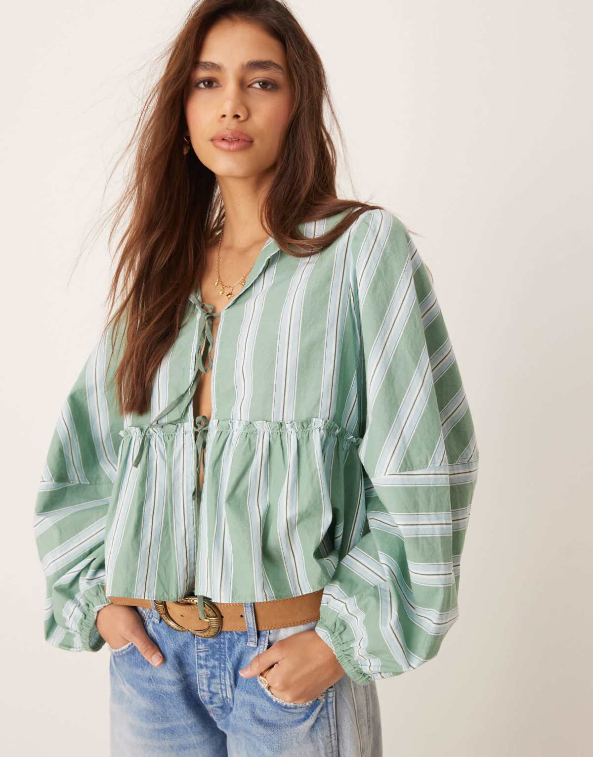 Free People striped tie-front blouse in green