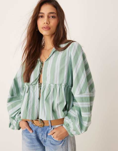 Free People striped tie-front blouse in green