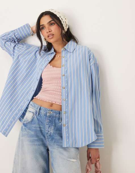 Free People striped varsity oversized shirt in blue - view 1