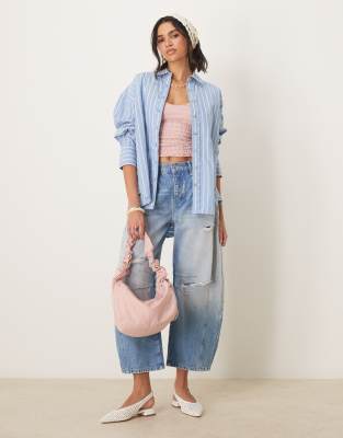 Shop Free People Striped Varsity Oversized Shirt In Blue