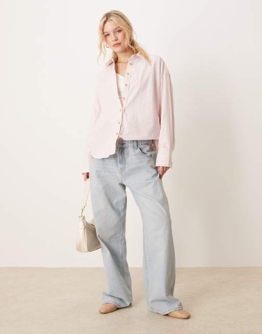 Free People striped varsity oversized shirt in light pink, 3 of 4