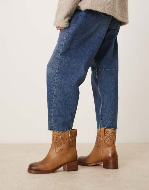 Free People stud detail low heel pull-on boots in biscuit