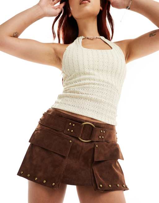 Free People studded faux suede mini skort with buckle in chocolate  