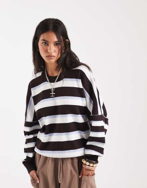 Free People - Sudadera marrón chocolate a rayas de corte cuadrado - view 1