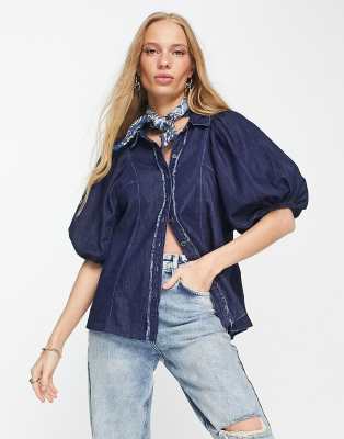 Free People Suhrie volume sleeve denim top in blue