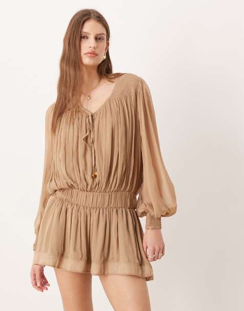 Free People – Sunbeam – Brązowa sukienka mini z długimi rękawami - view 1