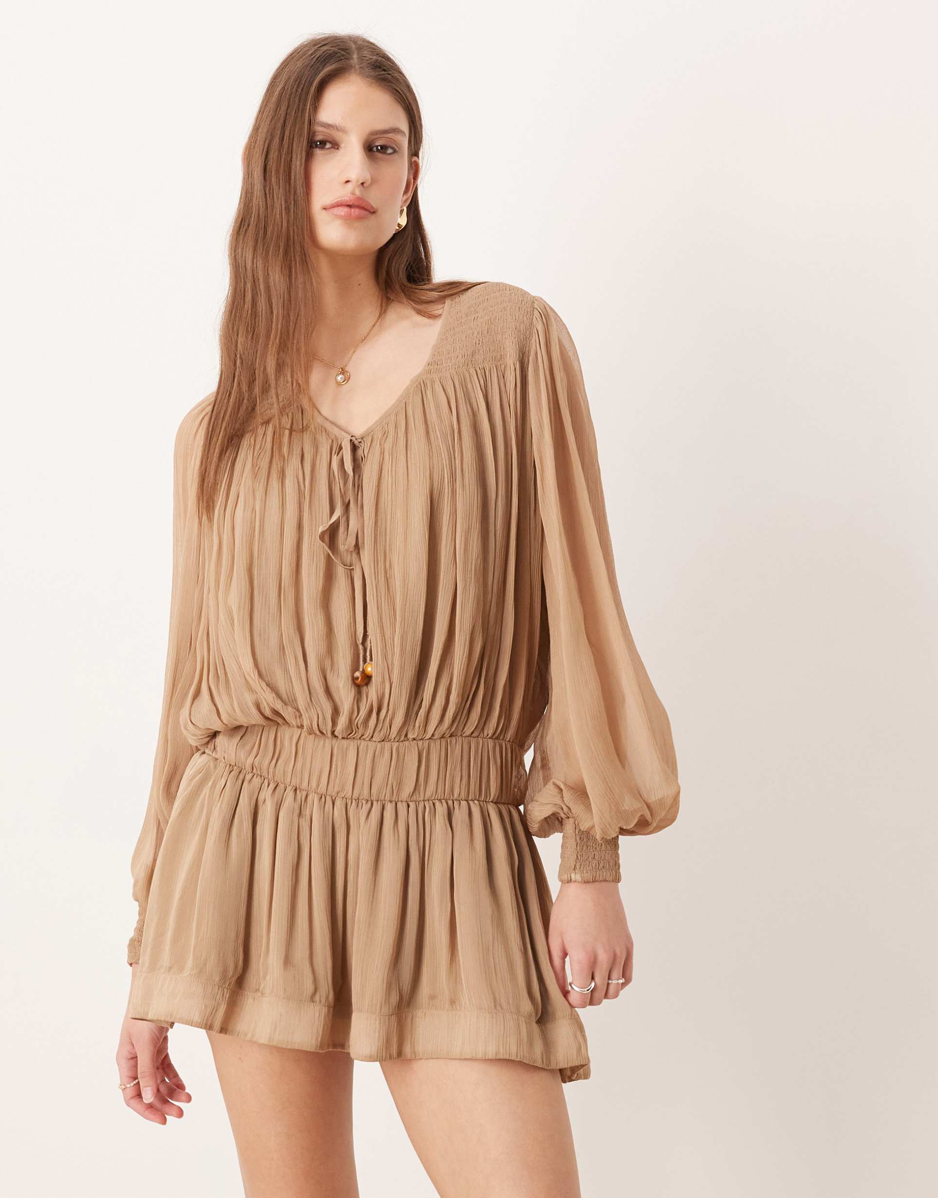 free people sunbeam long sleeve mini dress in brown