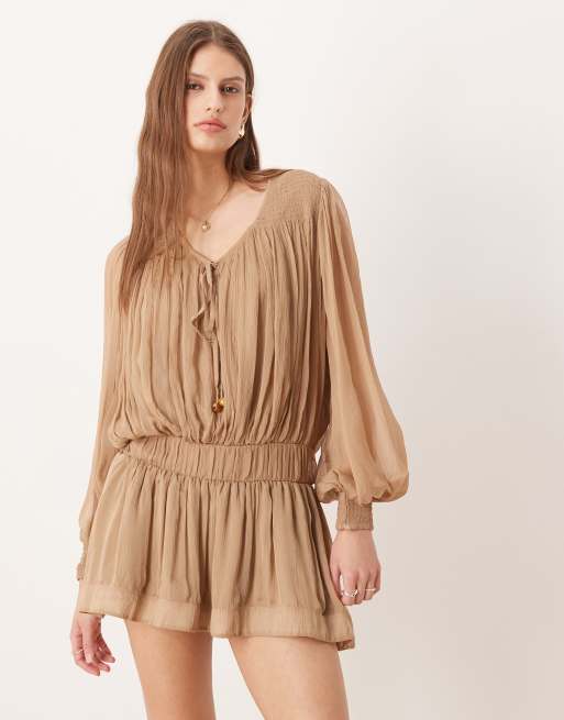 Free People sunbeam long sleeve mini dress in brown | ASOS