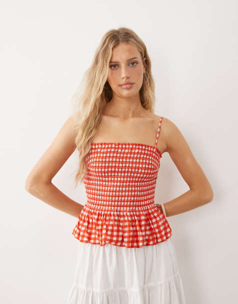 Free People - Sundance - Top arricciato con spalline sottili rosso a quadretti - view 1