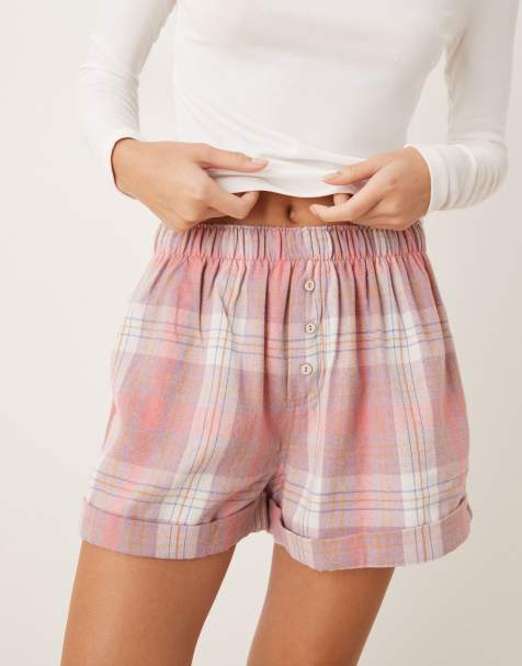 Free People Sunday morning classic plaid pajama boxers in pink quartz - view 1