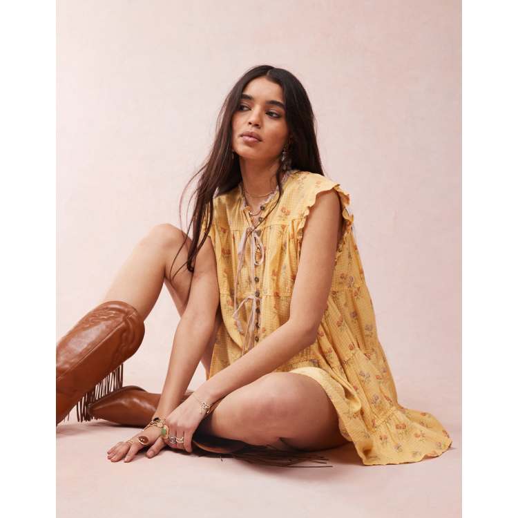 Free People sundown ditsy print smock mini dress in yellow | ASOS