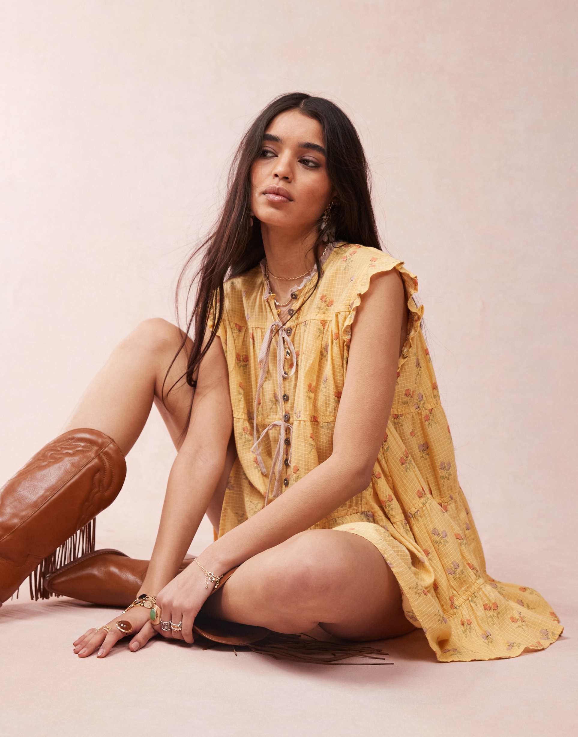 free people sundown ditsy print smock mini dress in yellow