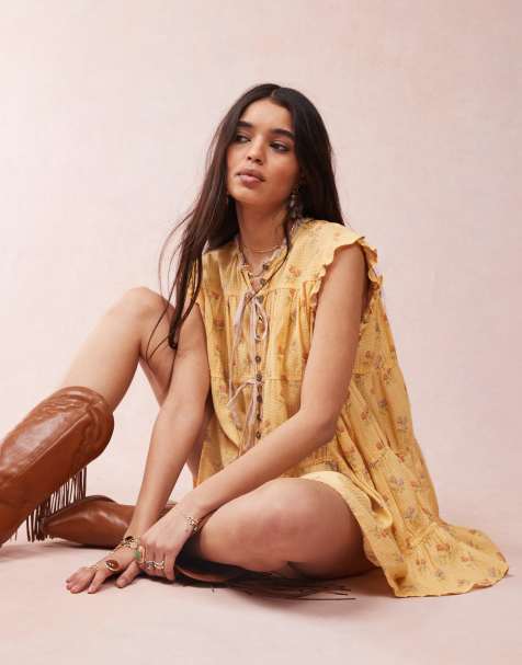 Free People sundown ditsy print smock mini dress in yellow