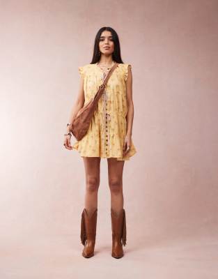 Free People Sundown Ditsy Print Smock Mini Dress In Yellow