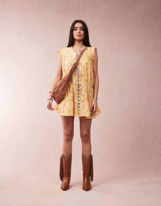 Free People sundown ditsy print smock mini dress in yellow