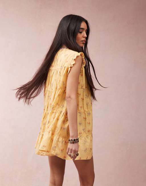 Free People sundown ditsy print smock mini dress in yellow