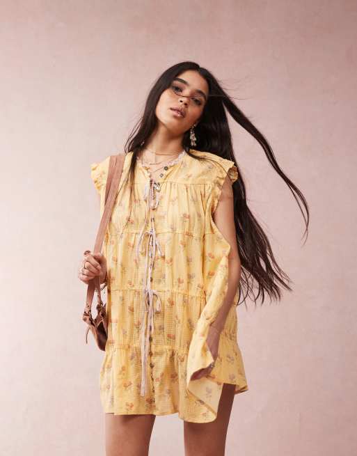 Free People - Sundown - Robe babydoll courte à petites fleurs - Jaune, 3 de 4