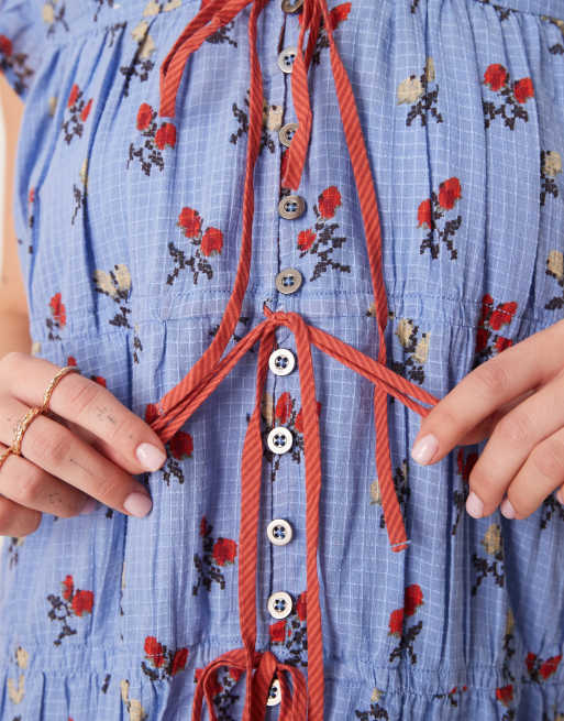 Free People - Sundown - Vestito grembiule corto blu con stampa a fiorellini, 4 di 4