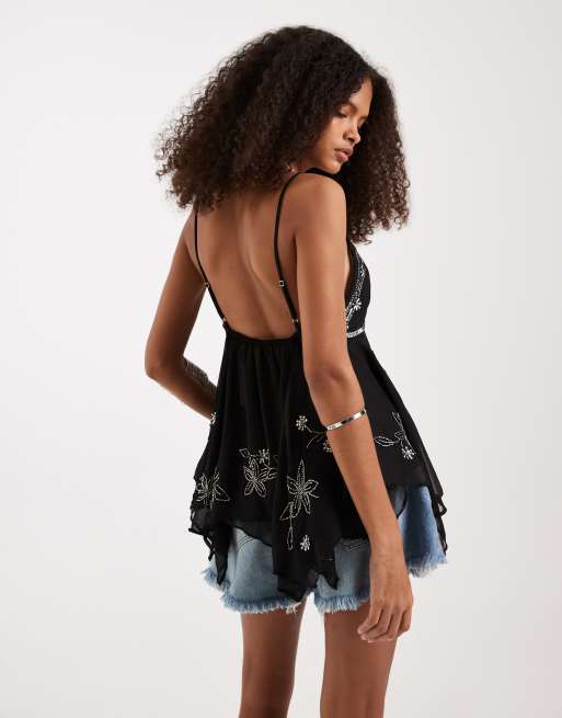 Free People – Svart, utsmyckad topp med v-ringning och smala axelband , 3 av 4