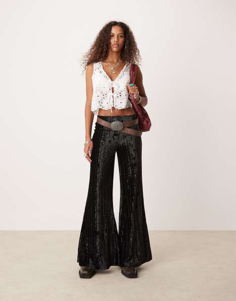 Free People – Svarta, krinklade byxor i sammet med plisserade, vida ben - view 1