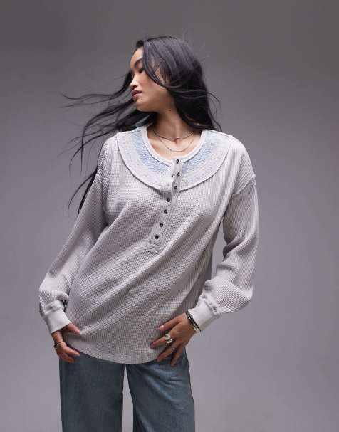 Free People - Sweat décontracté à col boutonné et coutures apparentes - Gris chiné - view 1