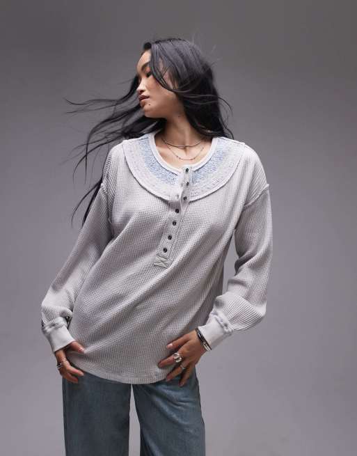 Free People - Sweat décontracté à col boutonné et coutures apparentes - Gris chiné