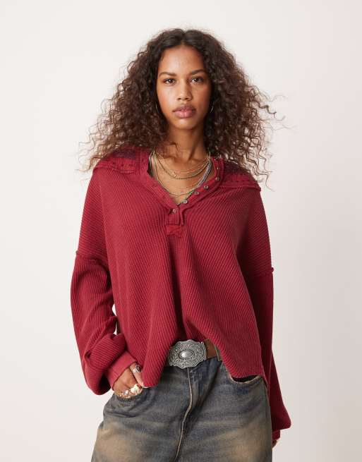 Free People - Sweat décontracté à col boutonné et coutures apparentes - Rouge