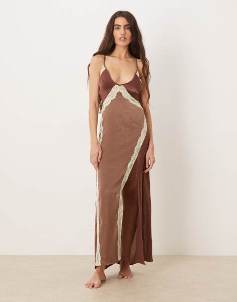Free People sweet kind of love maxi slip dress in brown mink combo