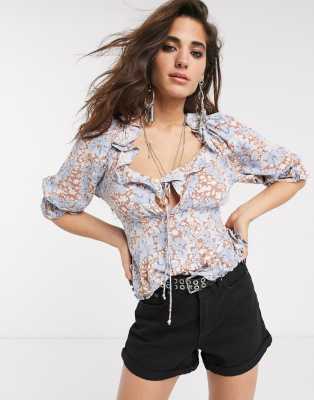 Free People Sweet Memories Floral Ruffle Blouse blue ModeSens