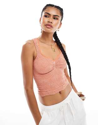 sweetheart neck textured lace cami top in apricot-Orange