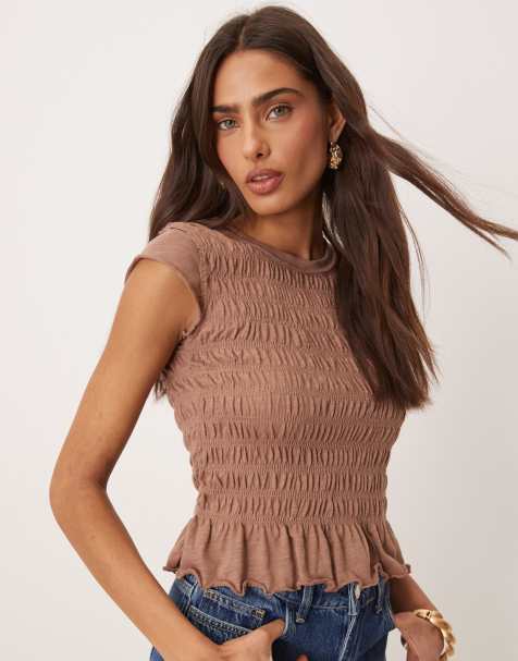 Free People sylvie shirred t-shirt in praline - view 1