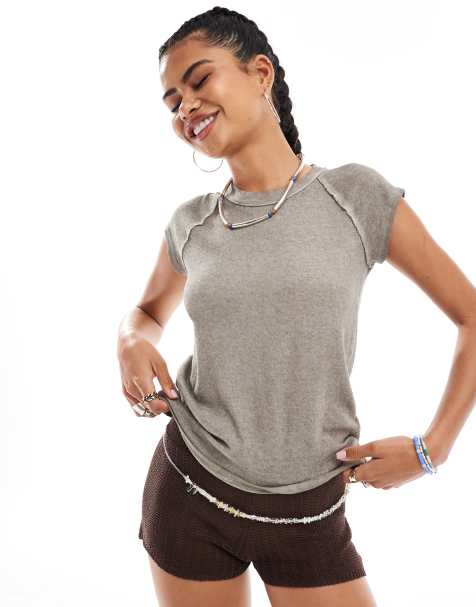 Free People - T-shirt mini marrone slavato con maniche raglan - view 1