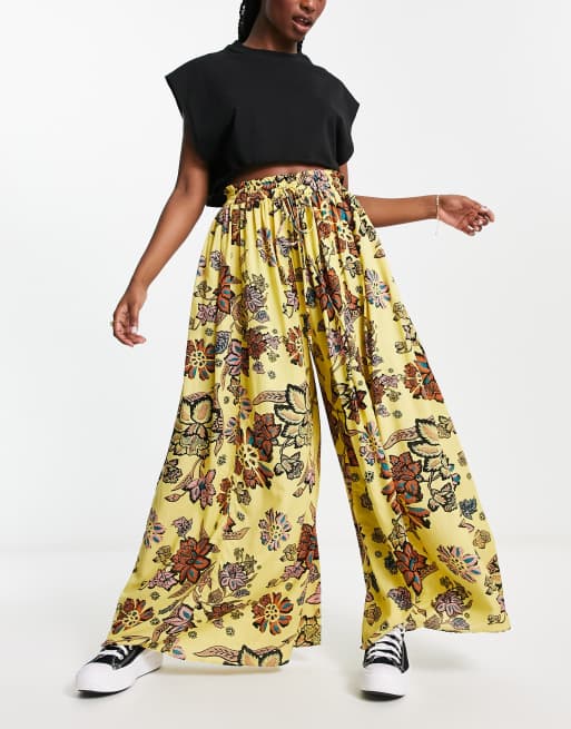 Free People Take It Easy printed wide leg pants in yellow | ASOS