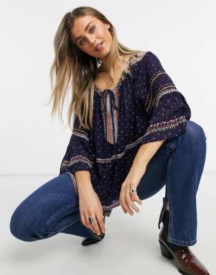 Free People Free People Talia Embroidered Blouse in Navy