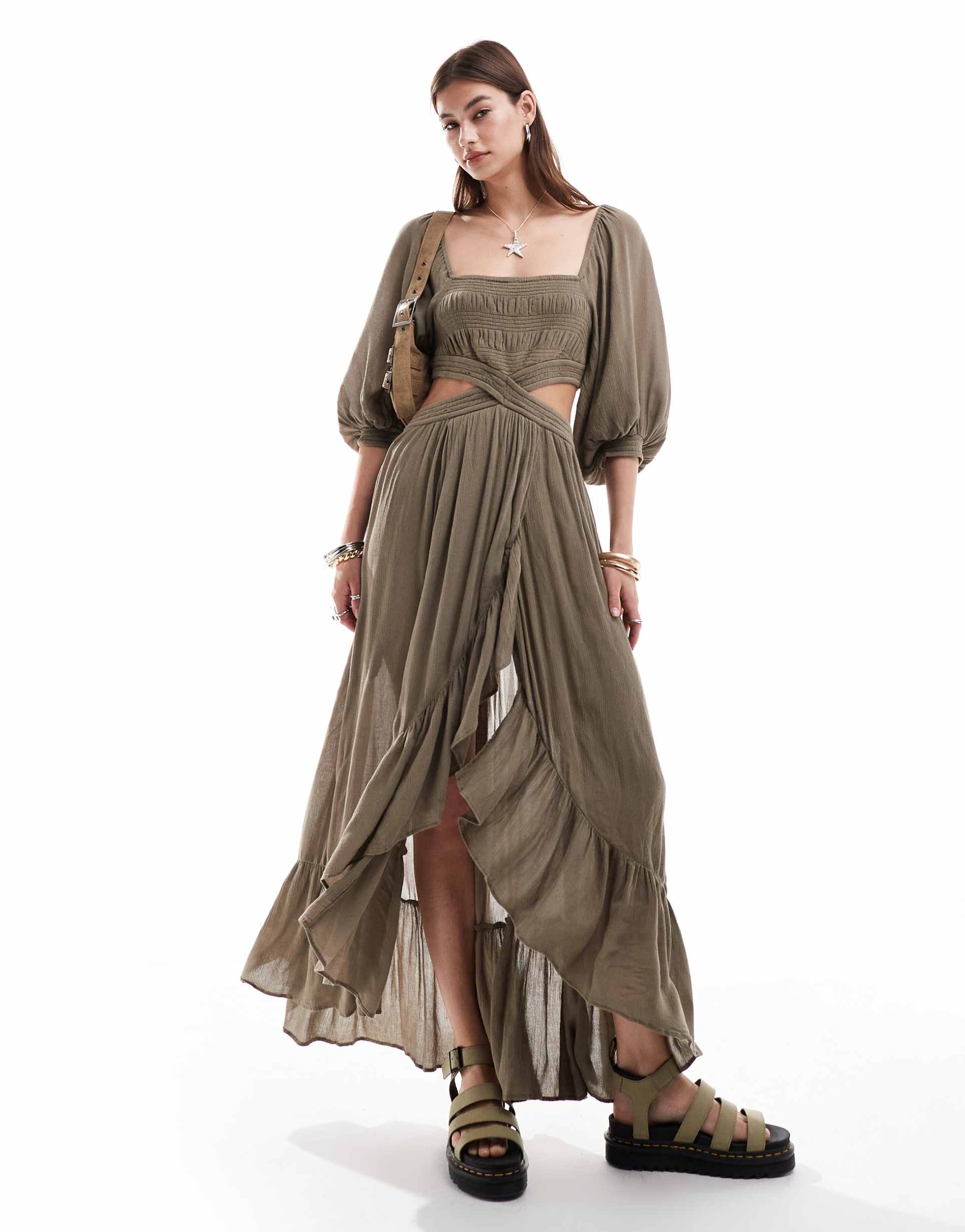 free people taupe balloon sleeve maxi dress with side cut outs